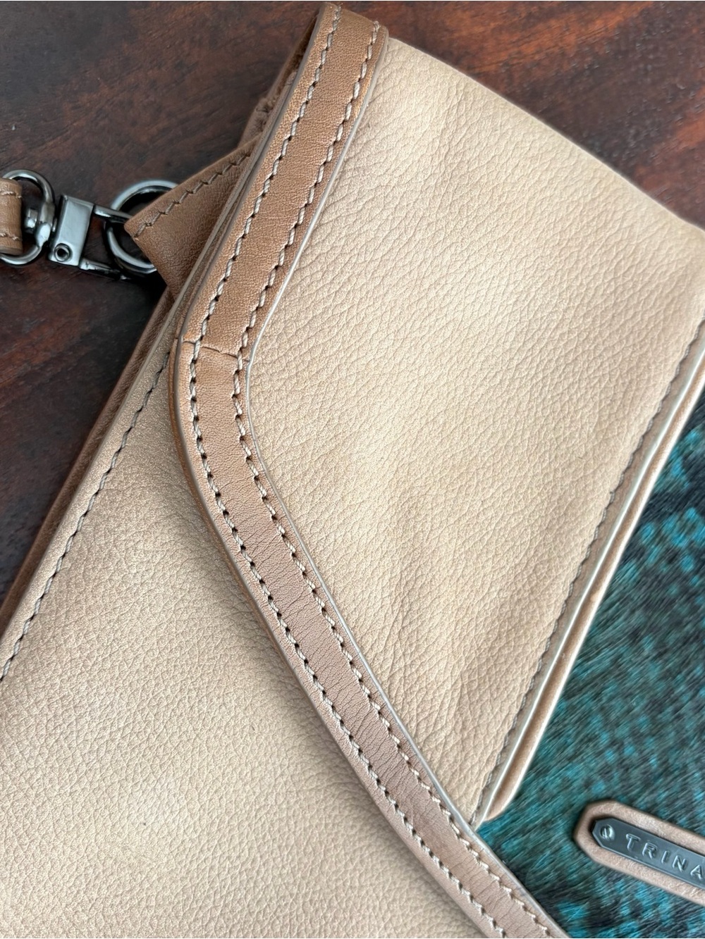 Trina Turk Beige Clutch with Teal Snake-Print Accent - Picture 2 of 5